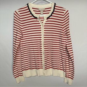 Banana Republic Beaded Button Down Cardigan Sweater Red White Striped Size M